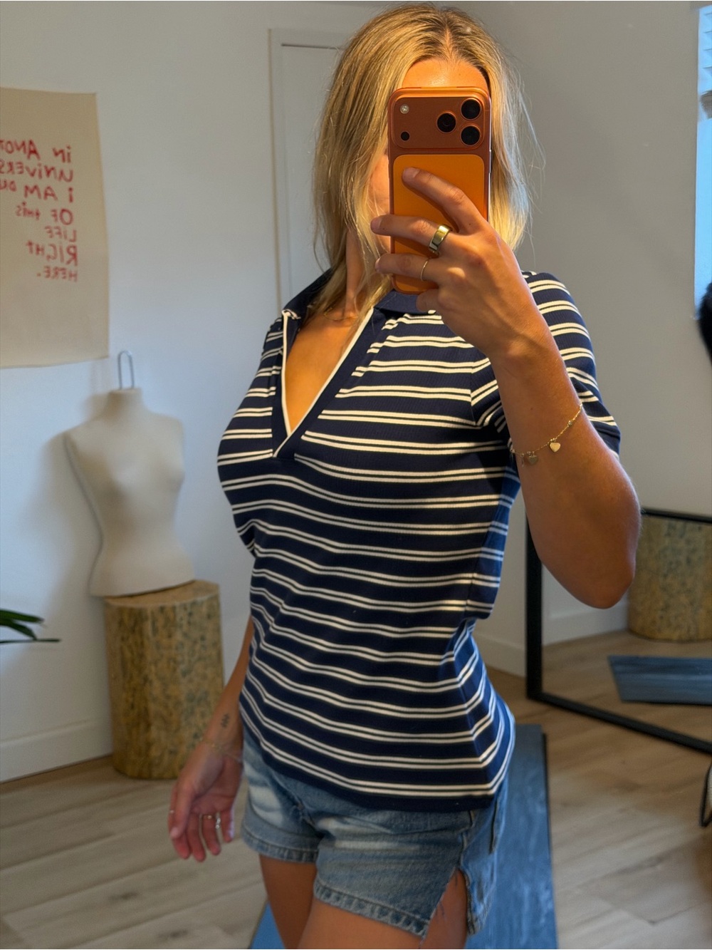 Lands’ End Navy White Striped Polo Shirt Stretch Women’s Small